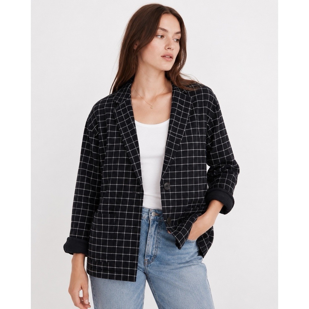 Madewell Waffleback Shaw Blazer Jacket Black White Windowpane Plaid NWT Sz L - Picture 15 of 15